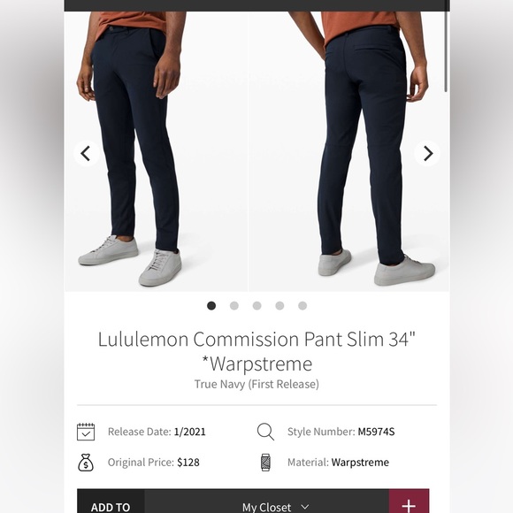 200-EUC Lululemon Commission Pants Slim Warpstreme Men’s size 33 x 33 True Navy - Picture 1 of 6